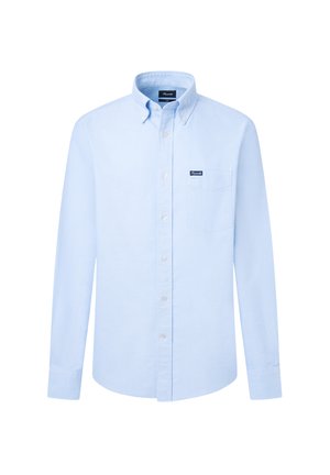 Lichtblauw overhemd met lange mouwen, een enkele borstzak en een merketiket op de zak. Glad katoen.