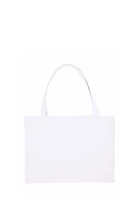 Borsa tote in tela bianca con due manici robusti. Texture liscia, forma rettangolare e design minimalista, adatta a vari utilizzi.