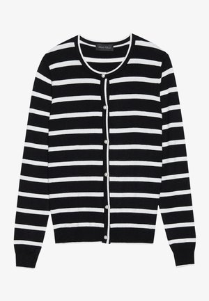 Schwarz-weiße gestreifte Strickjacke mit rundem Halsausschnitt, langen Ärmeln und perlgleichen Knöpfen entlang der Vorderseite.