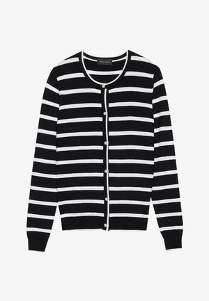 Schwarz-weiße gestreifte Strickjacke mit rundem Halsausschnitt, langen Ärmeln und perlgleichen Knöpfen entlang der Vorderseite.