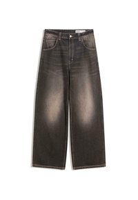 Schwarze Jeans mit weitem Bein aus denim mit einem verwaschenen Look, fünf Taschen, vorderer Knopfverschluss und sichtbaren Nähten.