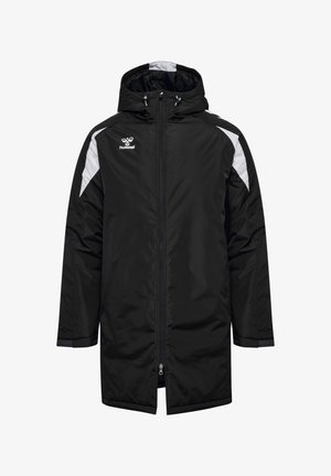 Schwarze lange Kapuzen-Winterjacke mit weißen Schulterakzenten und Frontreißverschluss, mit dem hummel-Logo auf der Brust.