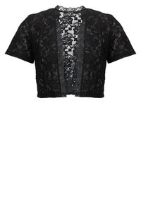 Černý krajkový cropped bolero s krátkými rukávy, zdobené květinovým vzorem, otevřeným předním dílem a průhlednou texturou. Jemný a lehký design.