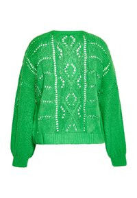Grüner Strickpullover mit einem Lochmuster und Rautenmuster, runder Ausschnitt sowie gerippten Bündchen und Saum.