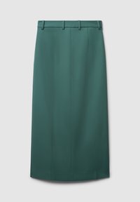 Jupe midi vert foncé, en tissu lisse. Caractéristiques : coupe droite, passants de ceinture et ourlet propre sans motifs ni accents visibles.