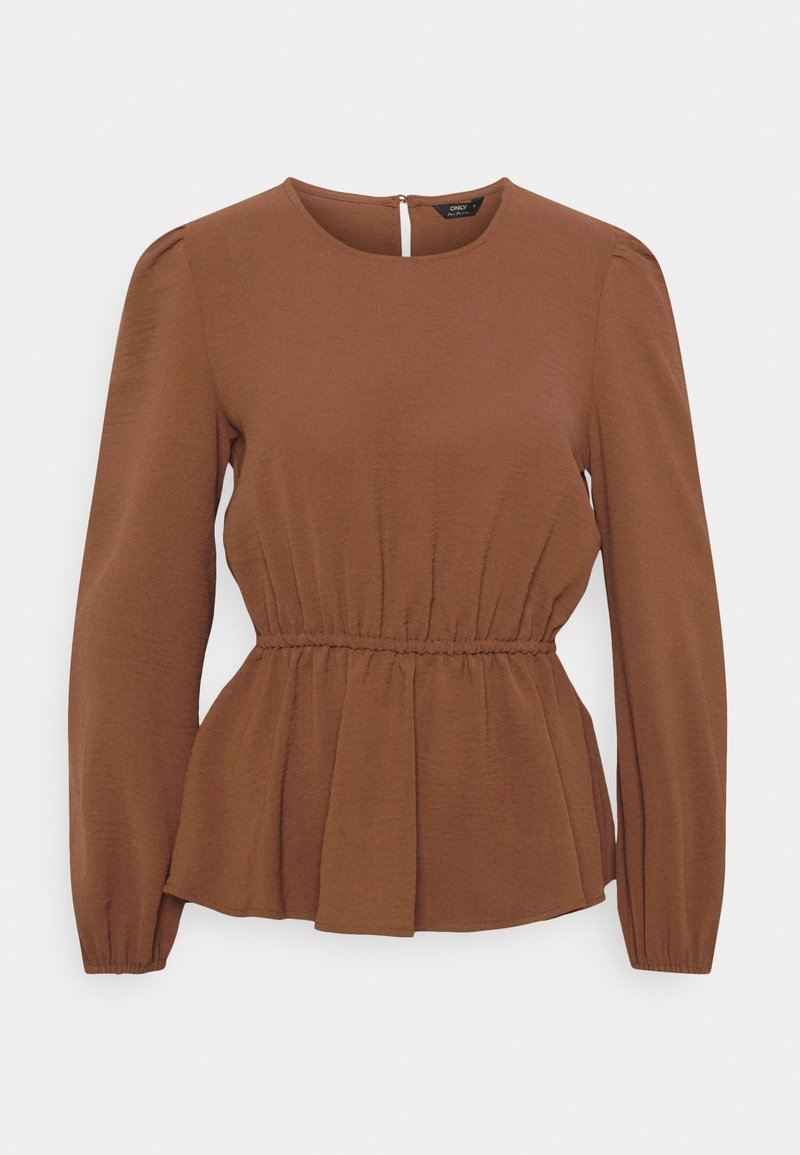 Blouse marron à manches longues avec un col rond, une taille froncée et un ourlet peplum. Texture lisse avec un léger éclat et une fermeture éclair au dos.
