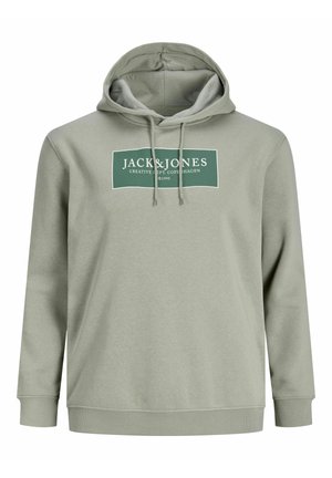 Gaiši zaļa džemperis ar kapuci, izgatavots no mīksta auduma, ar priekšējo grafiku, kurā ir teksts "JACK & JONES", ar auklu kapuci un ribotām piedurknēm.