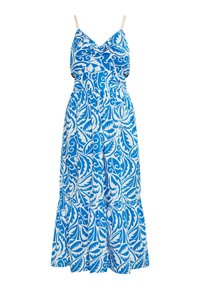 Rochie maxi cu model floral albastru și alb, cu bretele subțiri, o talie ajustată și o margine volanată în straturi. Fabricată dintr-un material ușor.