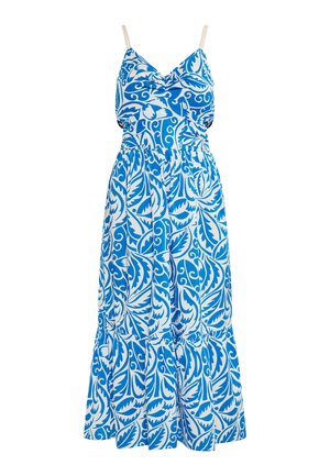 Rochie maxi cu model floral albastru și alb, cu bretele subțiri, o talie ajustată și o margine volanată în straturi. Fabricată dintr-un material ușor.