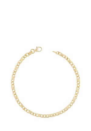Dünnes Goldkettchenarmband mit ineinandergreifenden flachen und ovalen Gliedern und einem Karabinerverschluss.