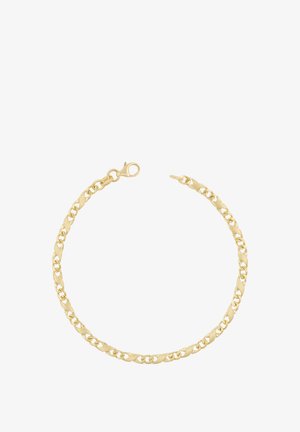 Dünnes Goldkettchenarmband mit ineinandergreifenden flachen und ovalen Gliedern und einem Karabinerverschluss.