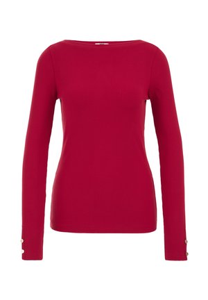 Rot gestreifter Langarmoberteil mit einem weiten Ausschnitt und Knopfakzenten an den Manschetten. Hergestellt aus einem dehnbaren Strickmaterial.