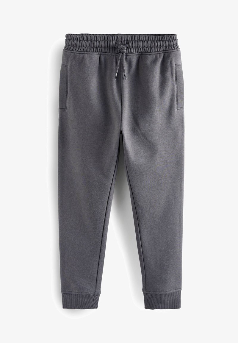 Sivé tepláky s elastickým pásom, nastaviteľnou šnúrkou, bočnými vreckami a rebrovanými manžetami. Vyrobené z mäkkej tkaniny s hladkou textúrou.