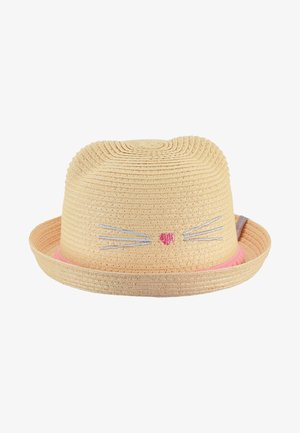 Straw hat featuring a rounded crown, light beige color, pink band, and gray whiskers with a pink heart embroidery on the front.