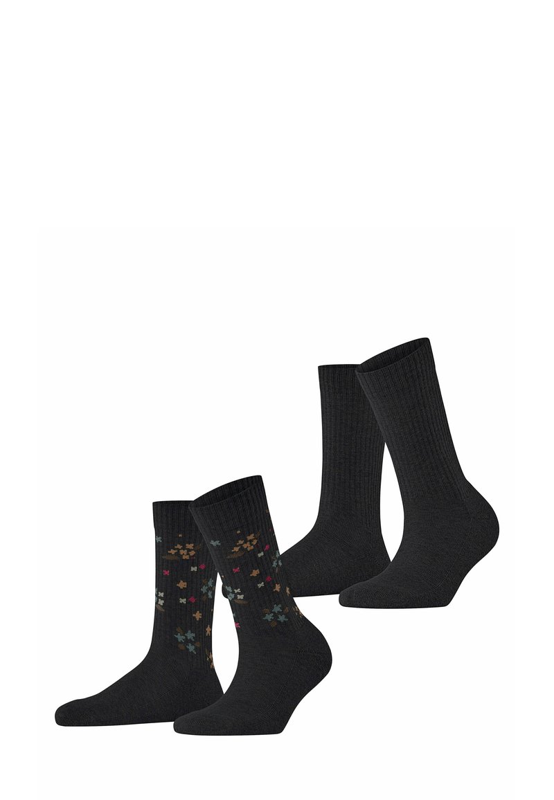 Dwie pary czarnych skarpetek; jedna para z kolorowym kwiatowym wzorem, druga ma jednolity prążkowany wzór. Oba wykonane z miękkiej mieszanki bawełny.