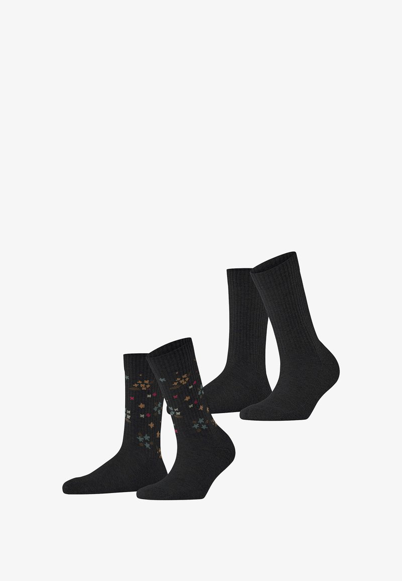 Dwie pary czarnych skarpetek; jedna para z kolorowym kwiatowym wzorem, druga ma jednolity prążkowany wzór. Oba wykonane z miękkiej mieszanki bawełny.