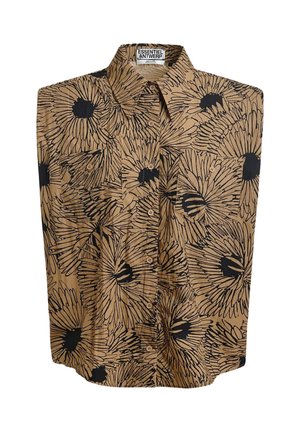 Camicia marrone con bottoni con grandi motivi floreali astratti neri e marrone scuro e colletto appuntito.