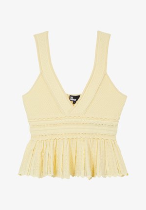 Geel gebreide mouwloze cropped top met diepe V-hals, getailleerde taille en uitlopende geschulpte zoom.