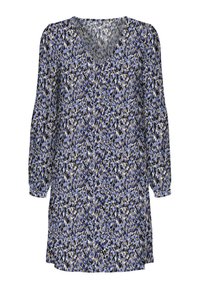 Robe à manches longues avec un décolleté en V, dans un motif abstrait multicolore avec des nuances de bleu, noir et beige ; tissu léger.