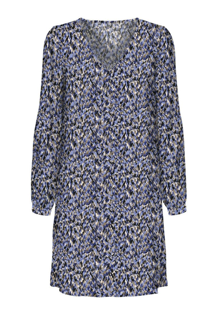 Robe à manches longues avec un décolleté en V, dans un motif abstrait multicolore avec des nuances de bleu, noir et beige ; tissu léger.