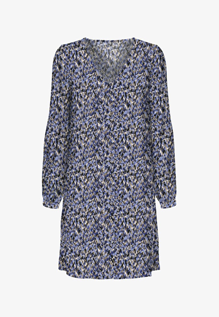 Robe à manches longues avec un décolleté en V, dans un motif abstrait multicolore avec des nuances de bleu, noir et beige ; tissu léger.