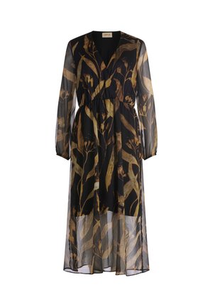 Sort midi-kjole med lange, gennemsigtige ærmer, V-hals, indsnævret talje og store brune og guldbladsmønstre.