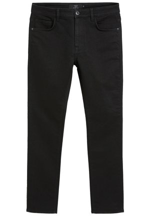 Zwarte denim jeans met een slim fit, voorzien van vijf zakken, een ritssluiting en een knoopsluiting. Gladde textuur met minimale stiksels.