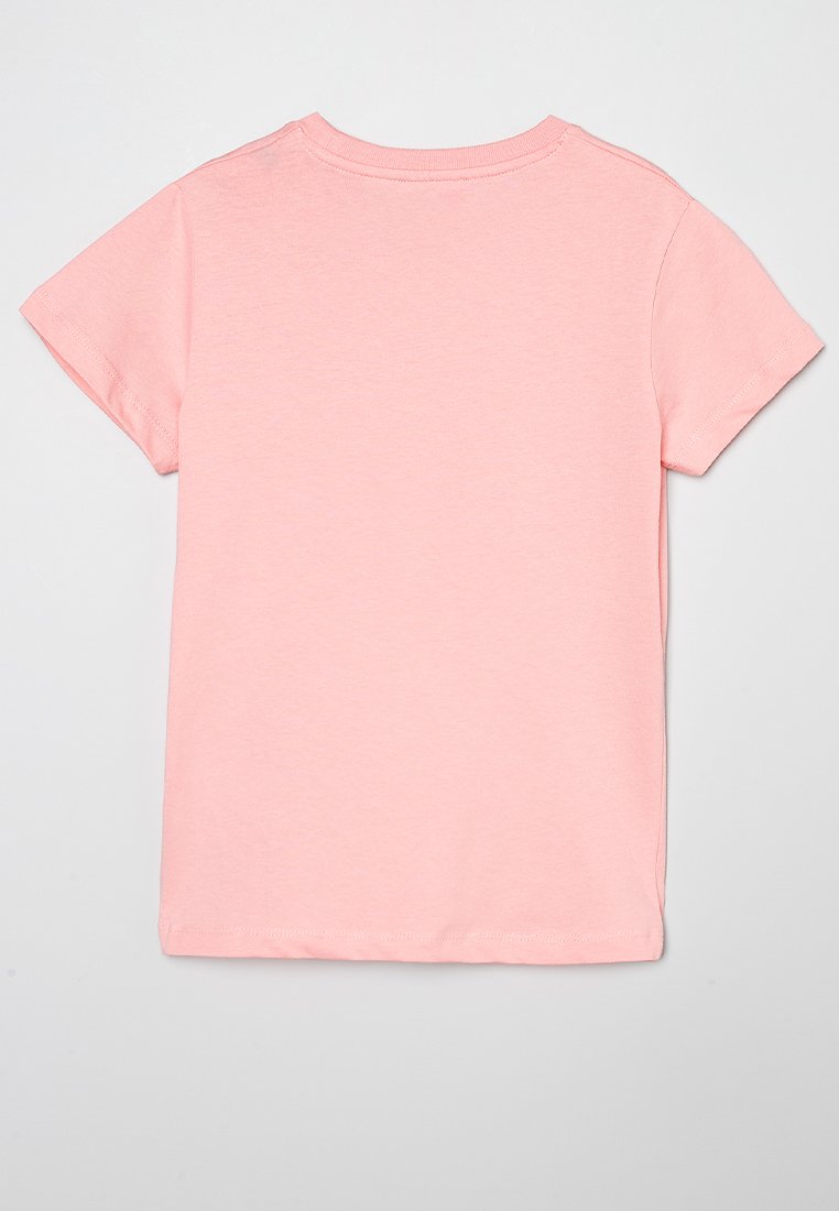 T-shirt in cotone rosa con maniche corte, scollatura rotonda e una texture liscia. Nessun motivo o grafica visibili sul lato posteriore.
