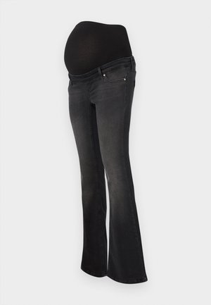 Tumedus jeans tumesast hallist denimist, veniva musta paneeliga kõhu toetamiseks, flared sääre kujundusega ja klassikalise viie tasku stiiliga.
