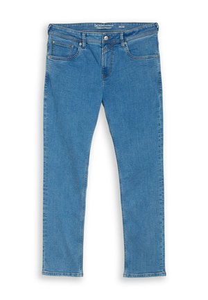 Mėlyni tiesios kojų džinsai su penkiomis kišenėmis ir užsegimu su mygtuku, dydis 32/32, atgulti ant balto fono.