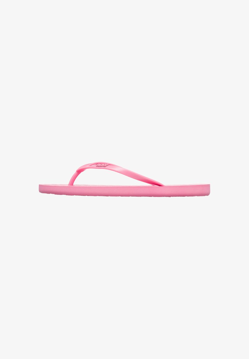 Pink rubber flip-flop with a flat sole, V-shaped strap, and textured footbed. Simple design without additional patterns or hardware details.