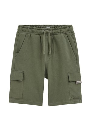 Kaki groene cargoshorts met elastische tailleband, trekkoord, zijzakken en klepzakken op elke pijp, geschikt voor casual gebruik.