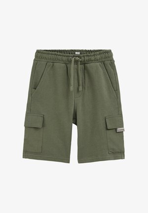 Kaki groene cargoshorts met elastische tailleband, trekkoord, zijzakken en klepzakken op elke pijp, geschikt voor casual gebruik.