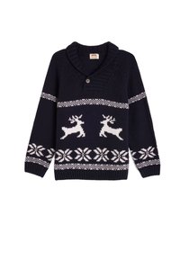 Jersey de punto azul marino con cuello de chal, botón frontal y patrones de renos blancos y copos de nieve en el pecho y las mangas.