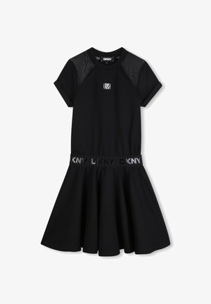 Vestito nero in tessuto elasticizzato, caratterizzato da una gonna svasata, maniche corte, dettagli in rete e una fascia in vita con logo a contrasto.