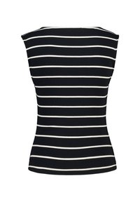 Black and white striped top with a fitted design. Features a cap sleeve, ribbed texture, and a rounded neckline at the back.