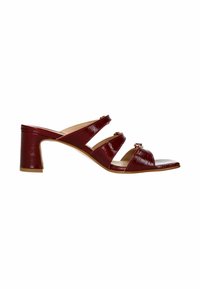 Maroon patent leather heeled sandal with three wide straps and a block heel. Smooth texture with floral accent on strap.