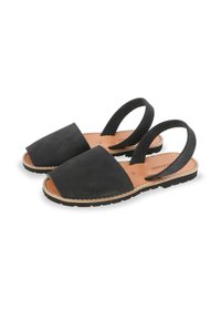Black suede sandals with a wide front, open back, and dual straps. Natural leather insole and textured rubber sole for grip.