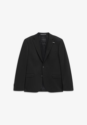 Schwarzer, maßgeschneiderter Herrenblazer mit Kerbklappen, zwei vorderen Pattentaschen, einer Brusttasche und zwei Knöpfen vorne.