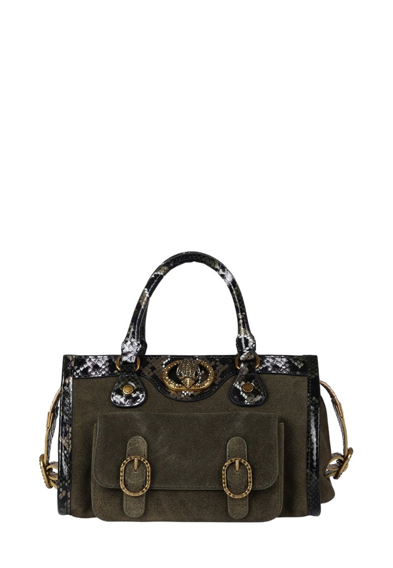 Borsa a tracolla in suede verde con accenti in motivo serpente nero e grigio, dettagli in oro, doppie maniglie e tasca frontale con fibbia.
