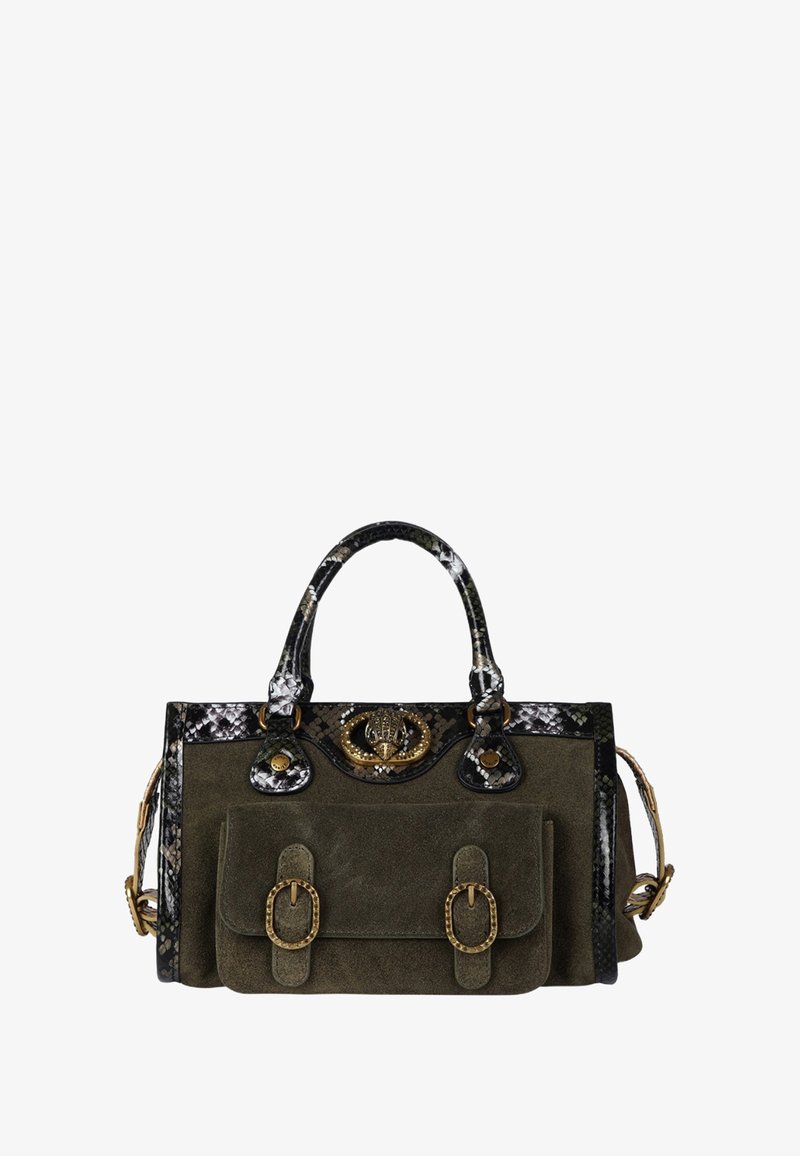 Borsa a tracolla in suede verde con accenti in motivo serpente nero e grigio, dettagli in oro, doppie maniglie e tasca frontale con fibbia.