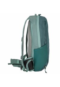Teal and green backpack with a sleek design, mesh back panel, adjustable straps, and zippers on the top for secure closure.