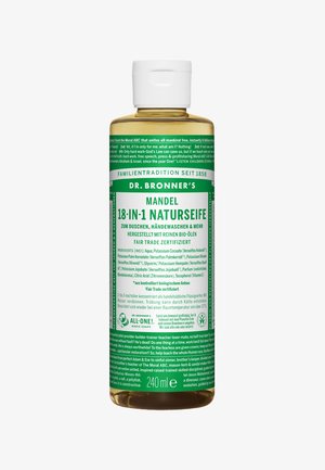Selbstverständlich, hier ist die Übersetzung: Klare Flasche mit Dr. Bronner's 18-in-1 Naturseife. Grünes und weißes Etikett mit Text in Deutsch. Größe: 240 ml. Klappverschluss. Die Flüssigkeit erscheint hellbraun.