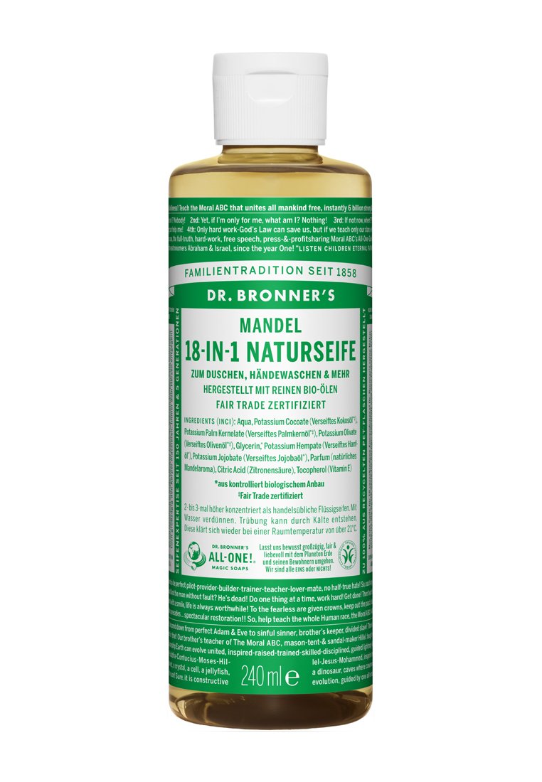 Klar flaska med Dr. Bronner's 18-i-1 naturlig tvål. Grön och vit etikett med text på tyska. Storlek: 240 ml. Flip-top lock. Vätskan verkar ljusbrun.
