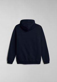 Sudadera azul marino con un bolsillo tipo canguro, puños acanalados y dobladillo. Presenta una capucha con cordón y una tela suave y texturizada.