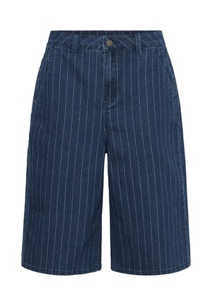 Navy blue knee-length shorts with white vertical pinstripes, button closure, belt loops, and side pockets.