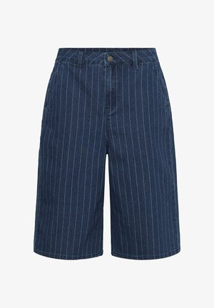 Navy blue knee-length shorts with white vertical pinstripes, button closure, belt loops, and side pockets.