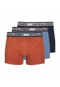 Tres pares de calzoncillos tipo bóxer en naranja, azul claro y marino. Cada uno tiene una cinturilla con logotipo en blanco y negro que dice "JACK&JONES". Textura de algodón suave.