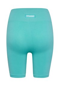 Turquoise sportshorts gemaakt van een geribbelde rekstof, met een brede tailleband met een logolabel. Lengte tot halverwege het bovenbeen.