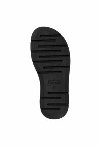 Suola di scarpa in gomma nera con scanalature orizzontali e nervature per una migliore aderenza. Include un logo che indica la taglia 37. Design piatto e a forma ovale.